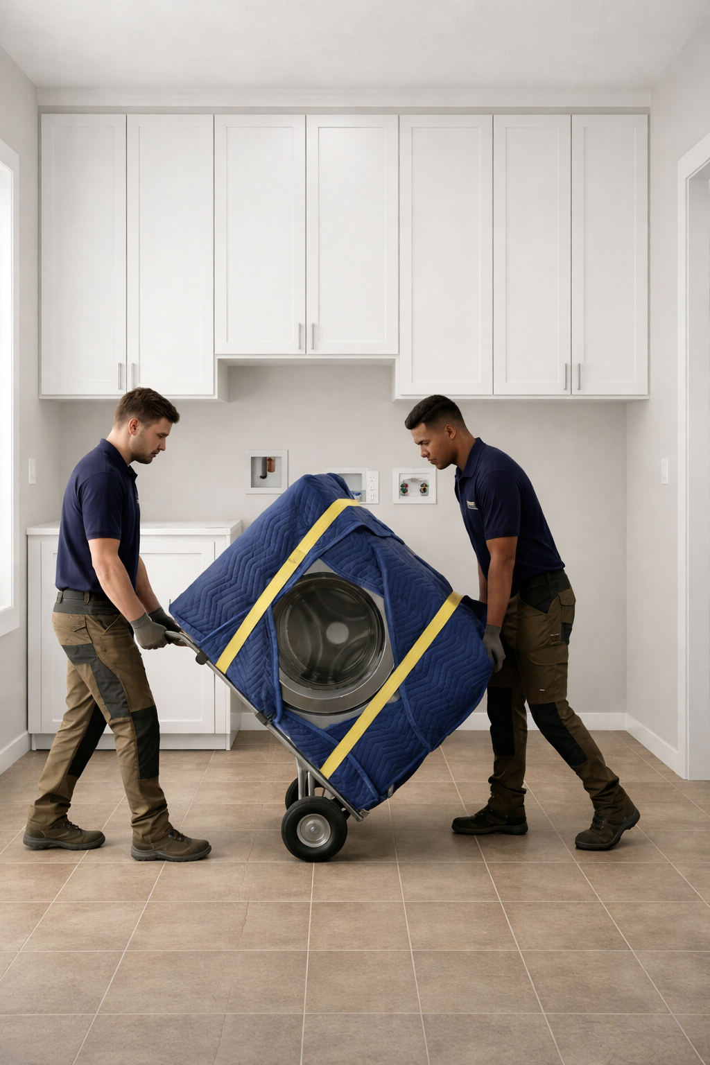 Two delivery workers moving a wrapped appliance on a dolly