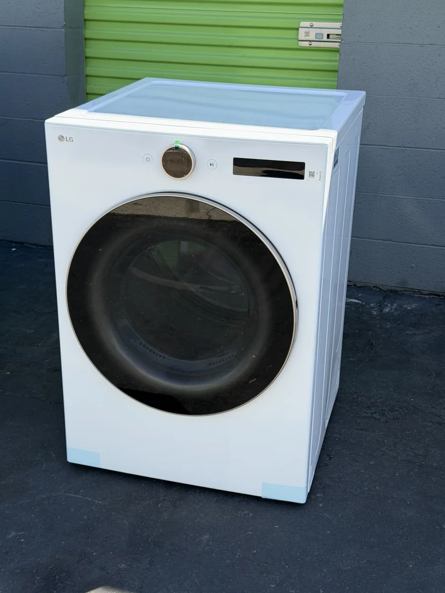 White LG Premium Steam Dryer, angled view