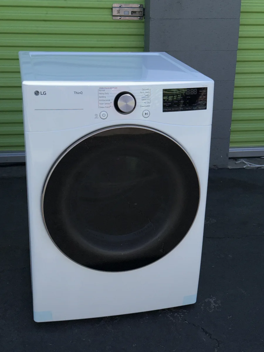 White LG TrueSteam Dryer, angled view