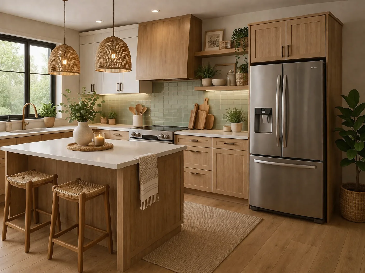 A warm, modern kitchen with a stainless French-door refrigerator