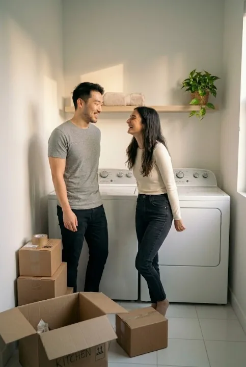 A couple setting up a washer and dryer in their laundry room